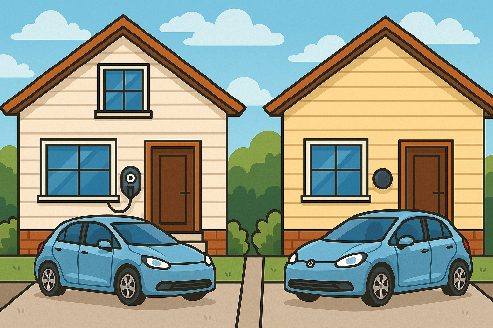 Illustration comparing two houses with EV chargers - one tethered with visible cable, one untethered with hidden socket
